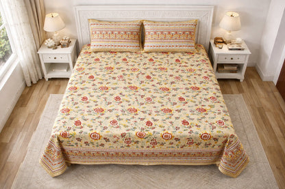 Jaipuri Flower Print  100% Cotton King Size Bedsheet with 2 Pillow Covers