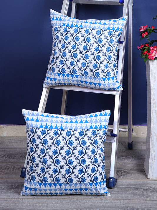 Rajasthan Décor Hand Block Floral Sky Blue Cotton Cushion Cover set of 2 (16x16 inches)