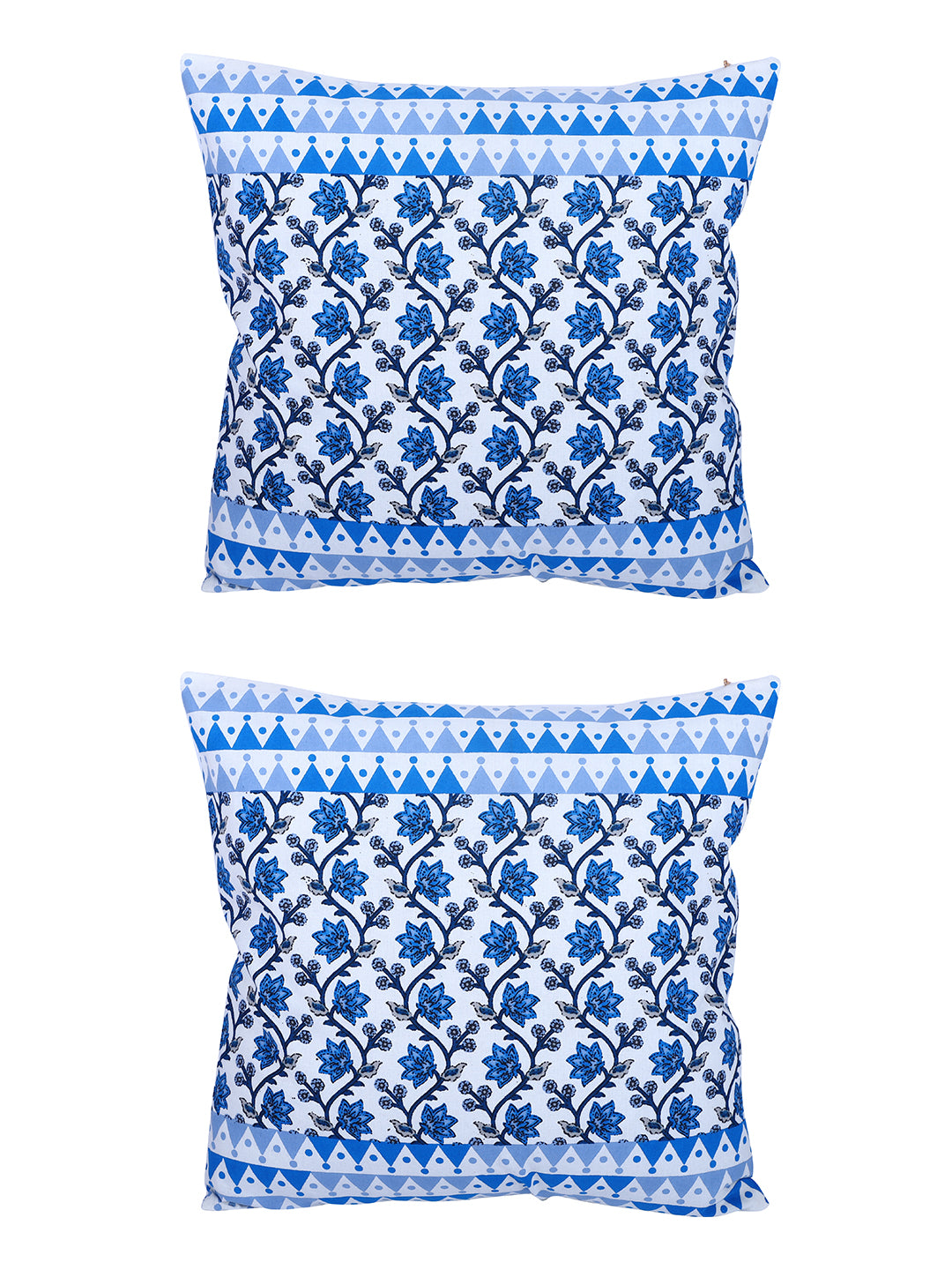 Rajasthan Décor Hand Block Floral Sky Blue Cotton Cushion Cover set of 2 (16x16 inches)