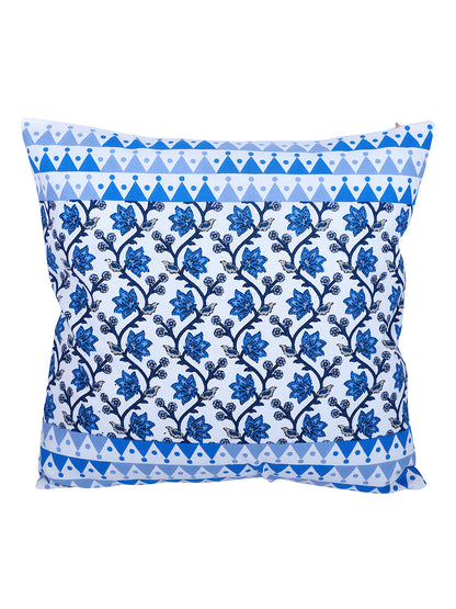 Rajasthan Décor Hand Block Floral Sky Blue Cotton Cushion Cover set of 2 (16x16 inches)