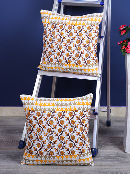 Rajasthan Décor Hand Block Floral White and Yellow Cotton Cushion Cover set of 2 (16x16 inches)