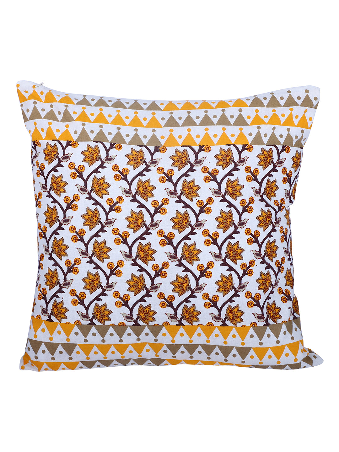 Rajasthan Décor Hand Block Floral White and Yellow Cotton Cushion Cover set of 2 (16x16 inches)
