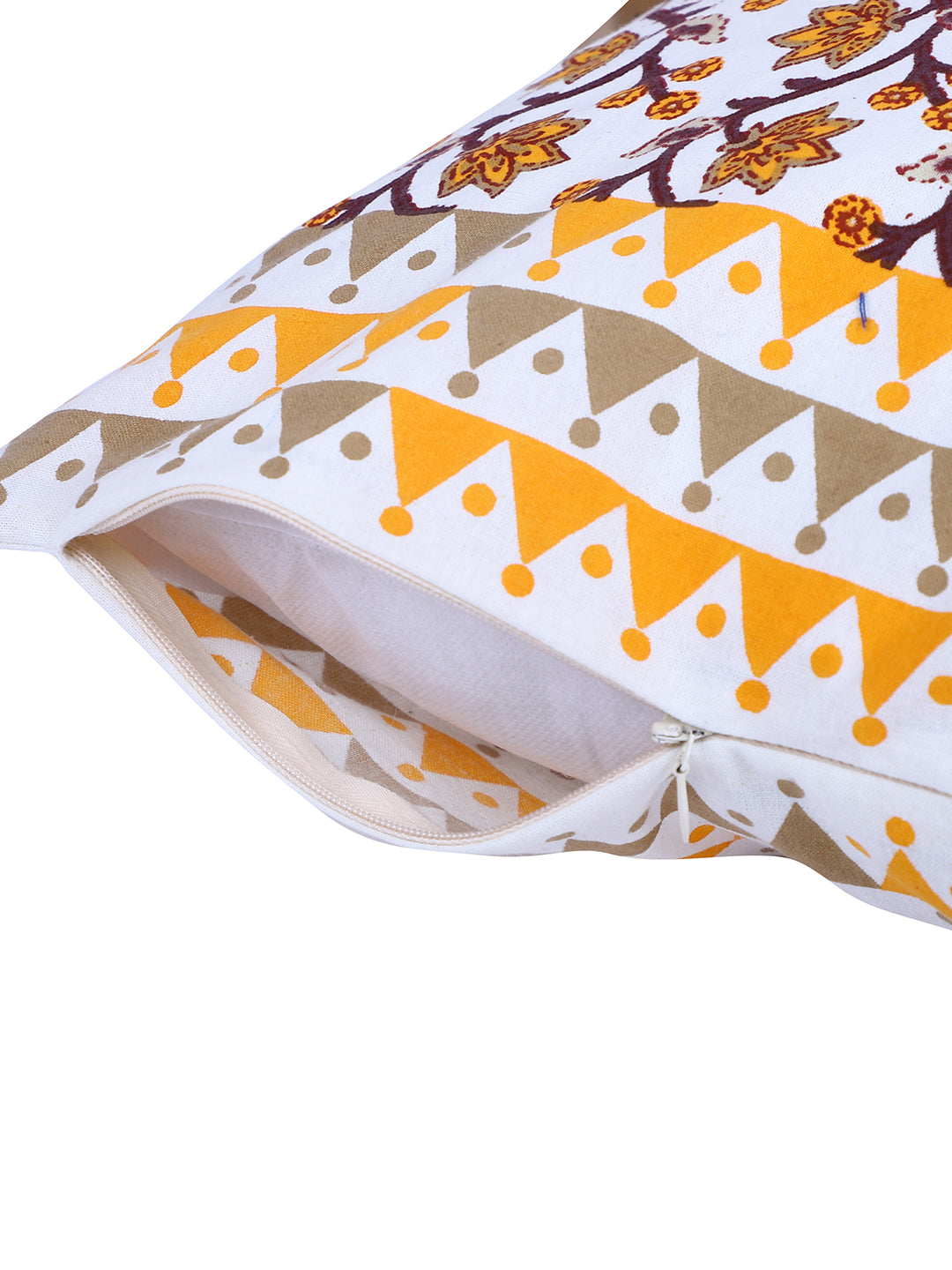 Rajasthan Décor Hand Block Floral White and Yellow Cotton Cushion Cover set of 2 (16x16 inches)