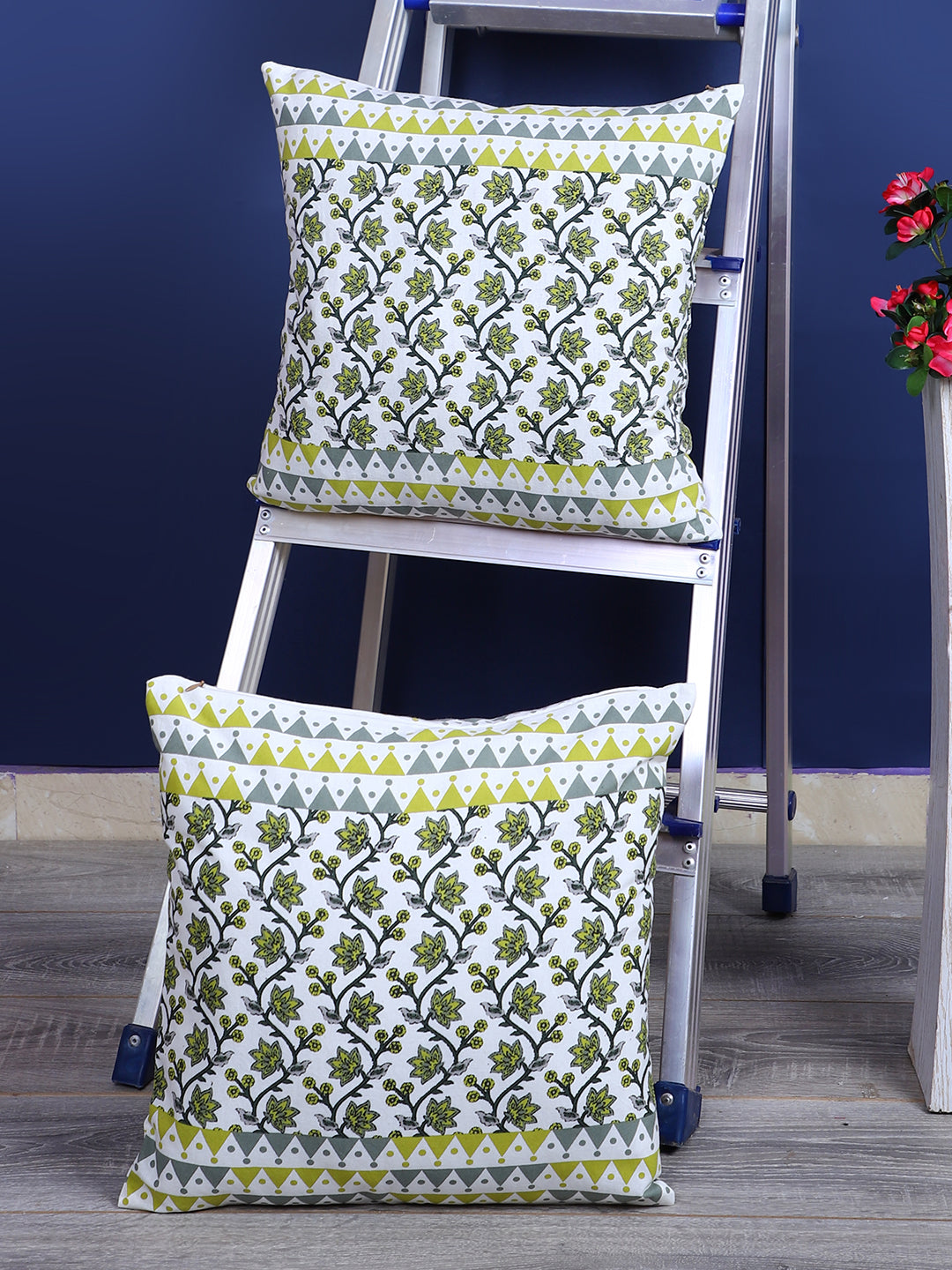 Rajasthan Décor Hand Block Floral White and Green Cotton Cushion Cover set of 2 (16x16 inches)
