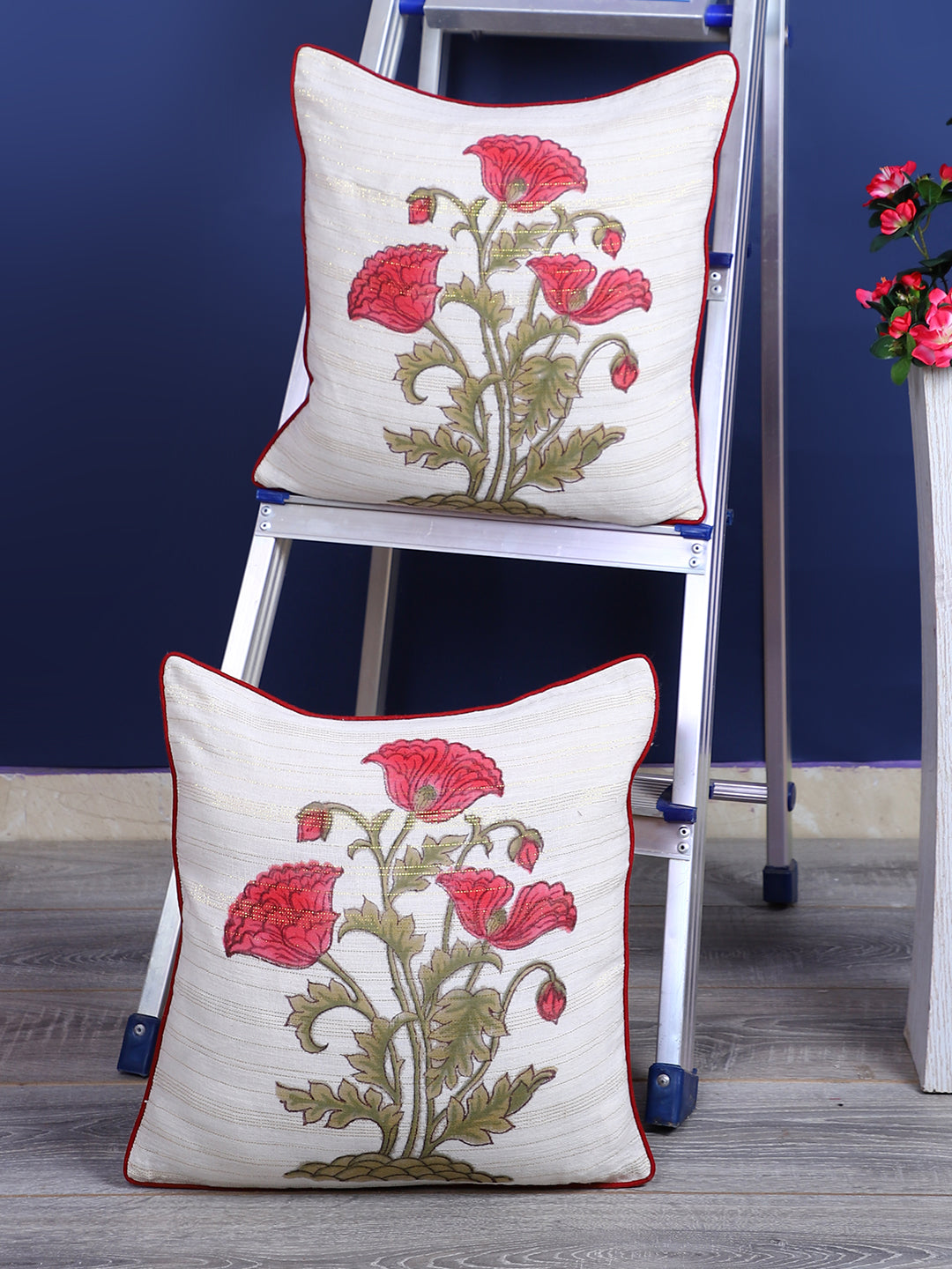Rajasthan Décor Hand Block Floral White and Pink Cotton Cushion Cover set of 2 (16x16 inches)