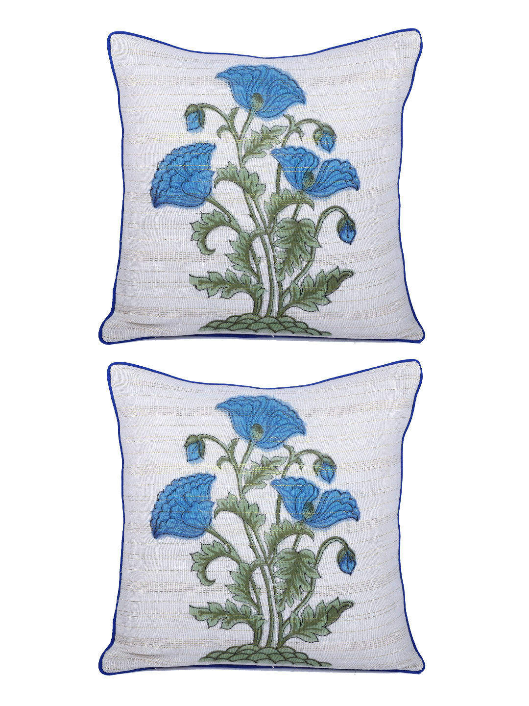 Rajasthan Décor Hand Block Floral White and Turquoise Cotton Cushion Cover set of 2 (16x16 inches)