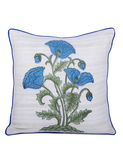 Rajasthan Décor Hand Block Floral White and Turquoise Cotton Cushion Cover set of 2 (16x16 inches)