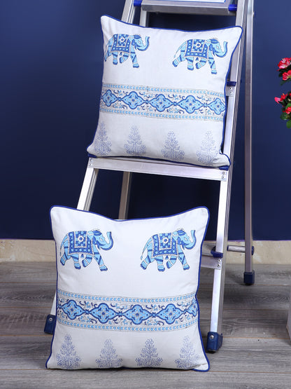 Rajasthan Décor Hand Block Animal Pattern White and Sky Blue Cotton Cushion Cover set of 2 (16x16 inches)