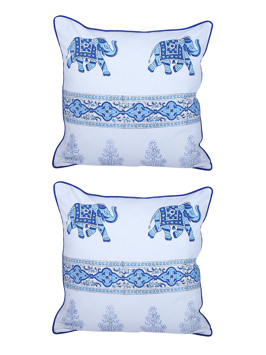 Rajasthan Décor Hand Block Animal Pattern White and Sky Blue Cotton Cushion Cover set of 2 (16x16 inches)