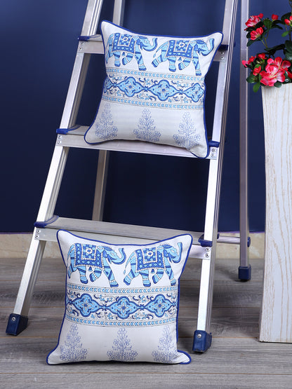 Rajasthan Décor Hand Block Animal Pattern White and Sky Blue Cotton Cushion Cover set of 2 (12x12 inches)