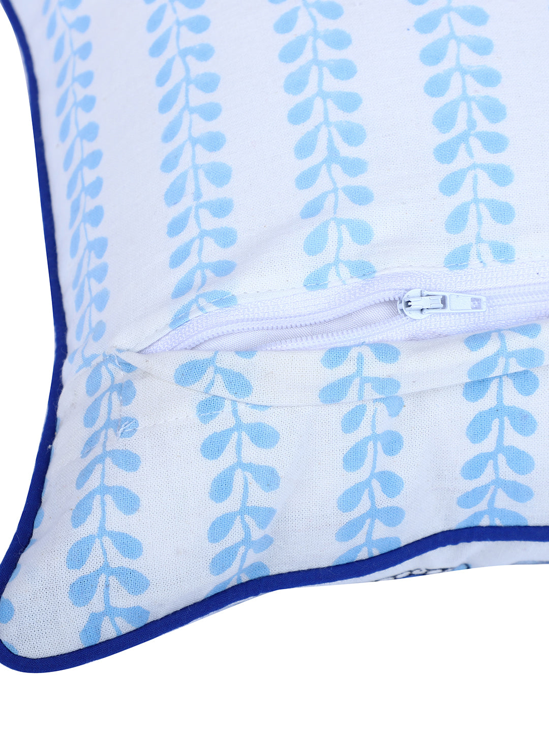 Rajasthan Décor Hand Block Animal Pattern White and Sky Blue Cotton Cushion Cover set of 2 (12x12 inches)