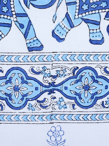 Rajasthan Décor Hand Block Animal Pattern White and Sky Blue Cotton Cushion Cover set of 2 (12x12 inches)