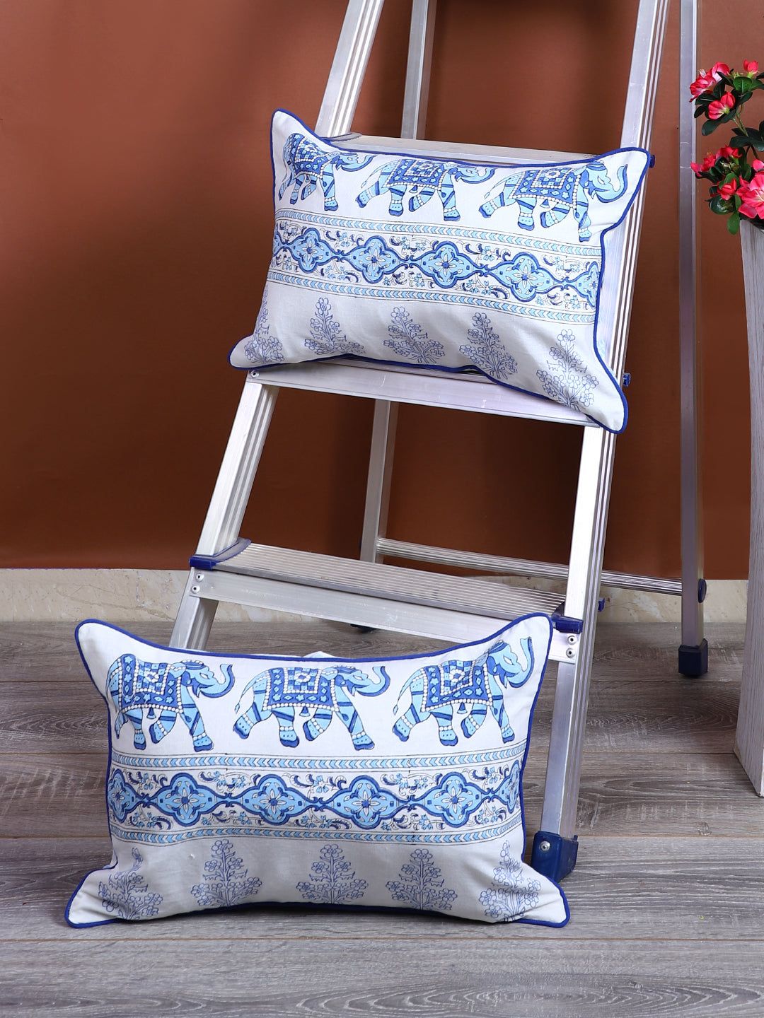 Rajasthan Décor Hand Block Animal Pattern White and Sky Blue Cotton Cushion Cover set of 2 (12x18 inches)