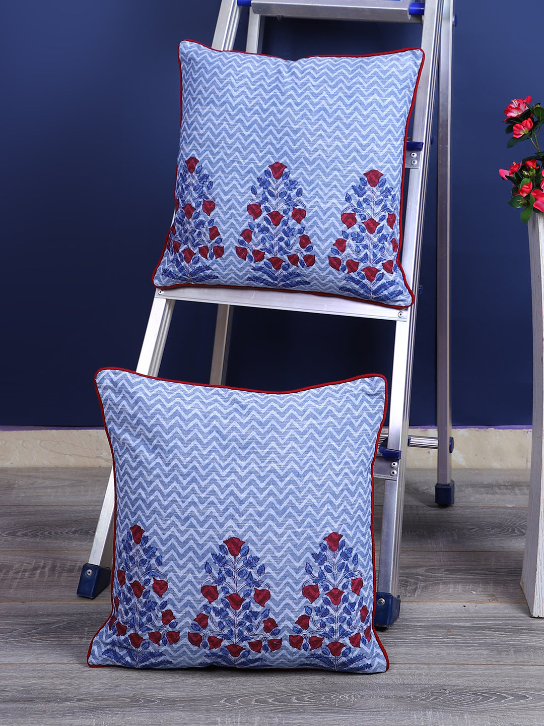 Rajasthan Décor Hand Block Floral Sky Blue Cotton Cushion Cover set of 2 (16x16 inches)