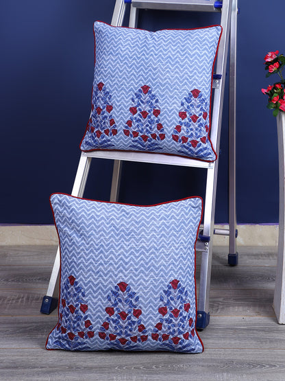 Rajasthan Décor Hand Block Floral Sky Blue Cotton Cushion Cover set of 2 (16x16 inches)