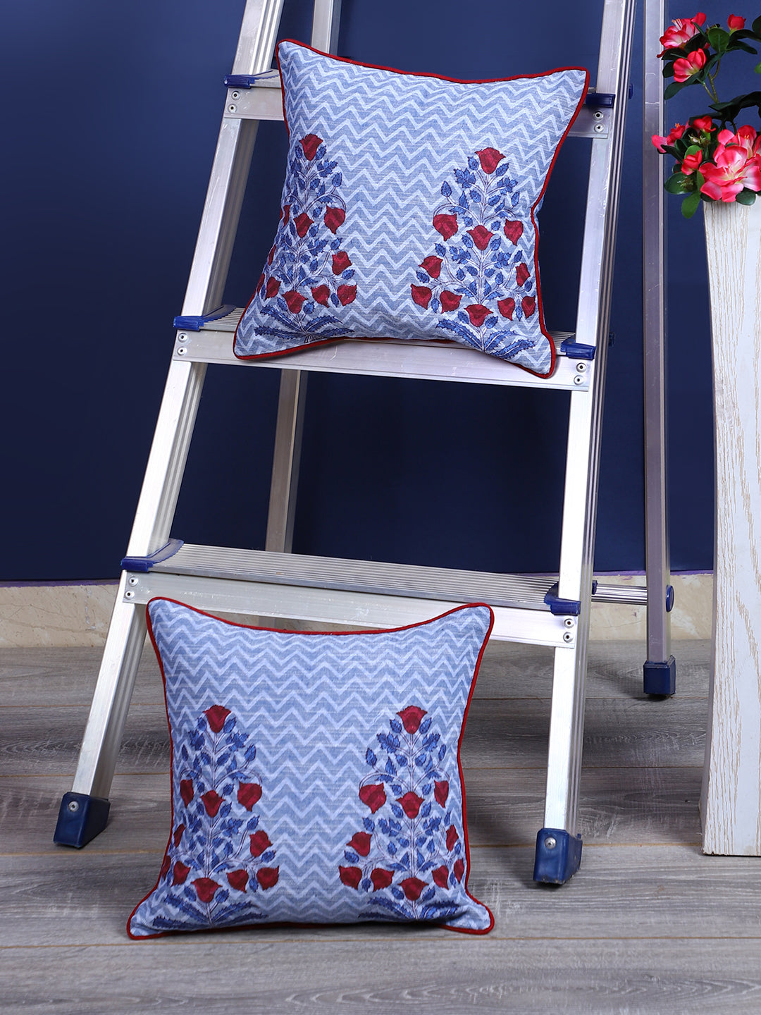 Rajasthan Décor Hand Block Floral Sky Blue Cotton Cushion Cover set of 2 (12x12 inches)