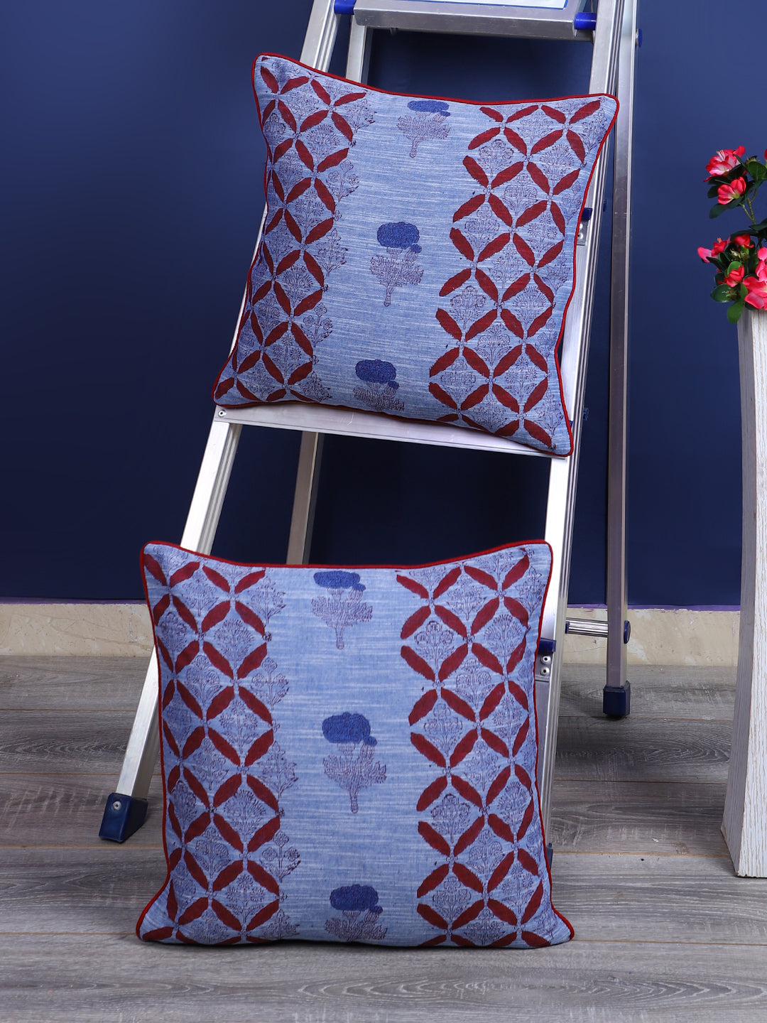 Rajasthan Décor Hand Block Floral Sky Blue Cotton Cushion Cover set of 2 (16x16 inches)