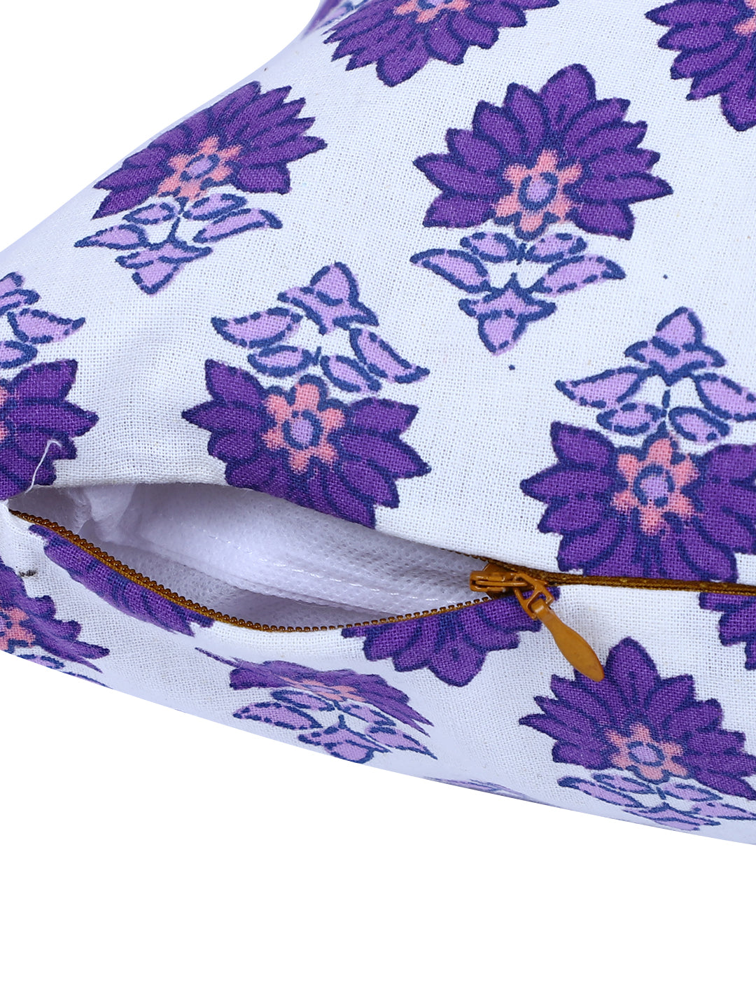 Rajasthan Décor Hand Block Floral White and Indigo Cotton Cushion Cover set of 2 (16x16 inches)