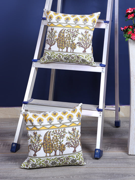 Rajasthan Décor Hand Block Floral White and Yellow Cotton Cushion Cover set of 2 (12x12 inches)
