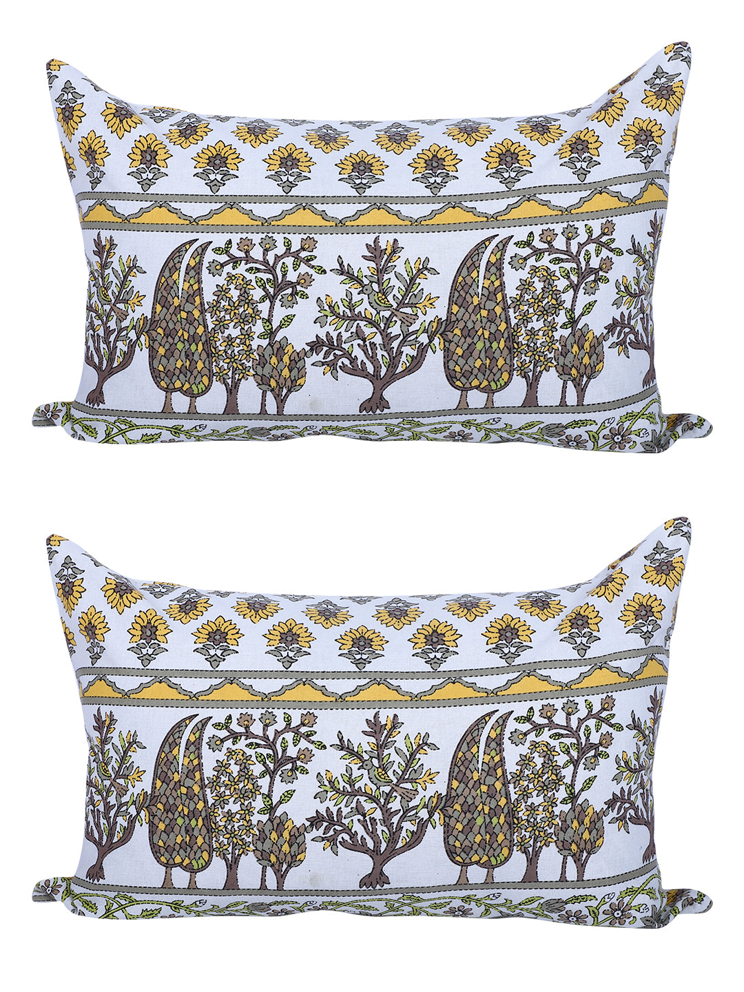 Rajasthan Décor Hand Block Floral White and Yellow Cotton Cushion Cover set of 2 (12x18 inches)