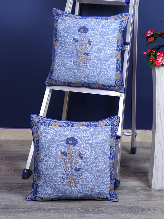 Rajasthan Décor Hand Block Floral Sky Blue Cotton Cushion Cover set of 2 (16x16 inches)