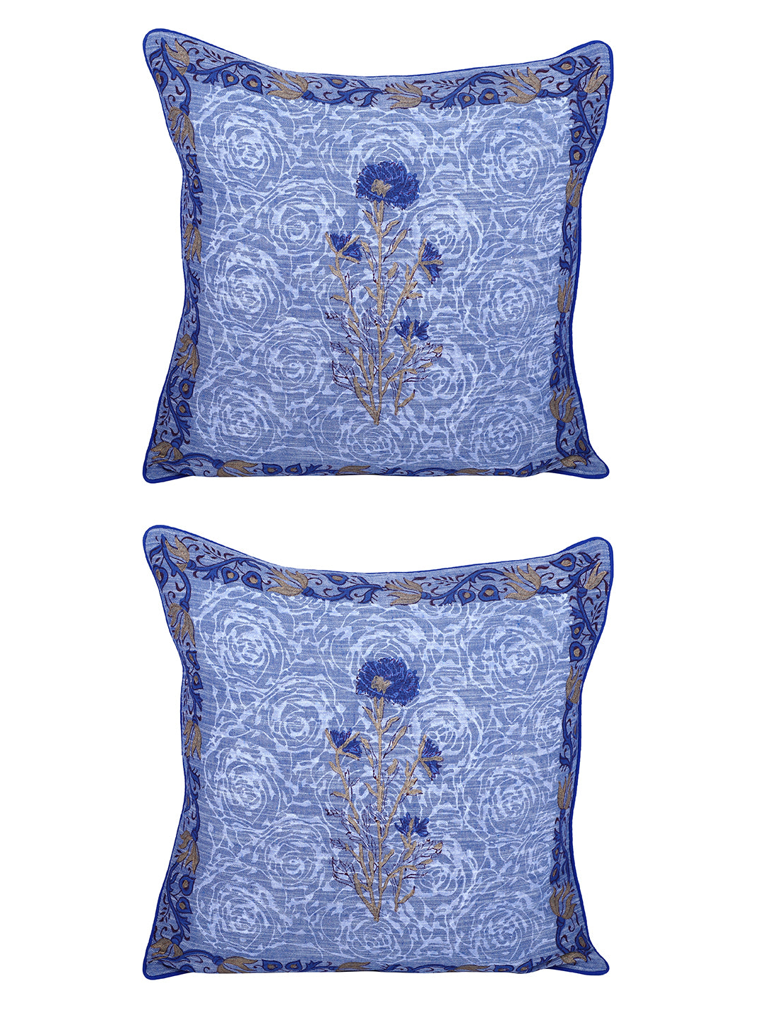 Rajasthan Décor Hand Block Floral Sky Blue Cotton Cushion Cover set of 2 (16x16 inches)
