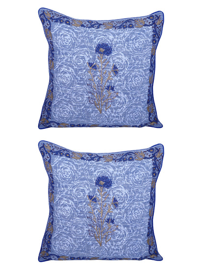 Rajasthan Décor Hand Block Floral Sky Blue Cotton Cushion Cover set of 2 (16x16 inches)