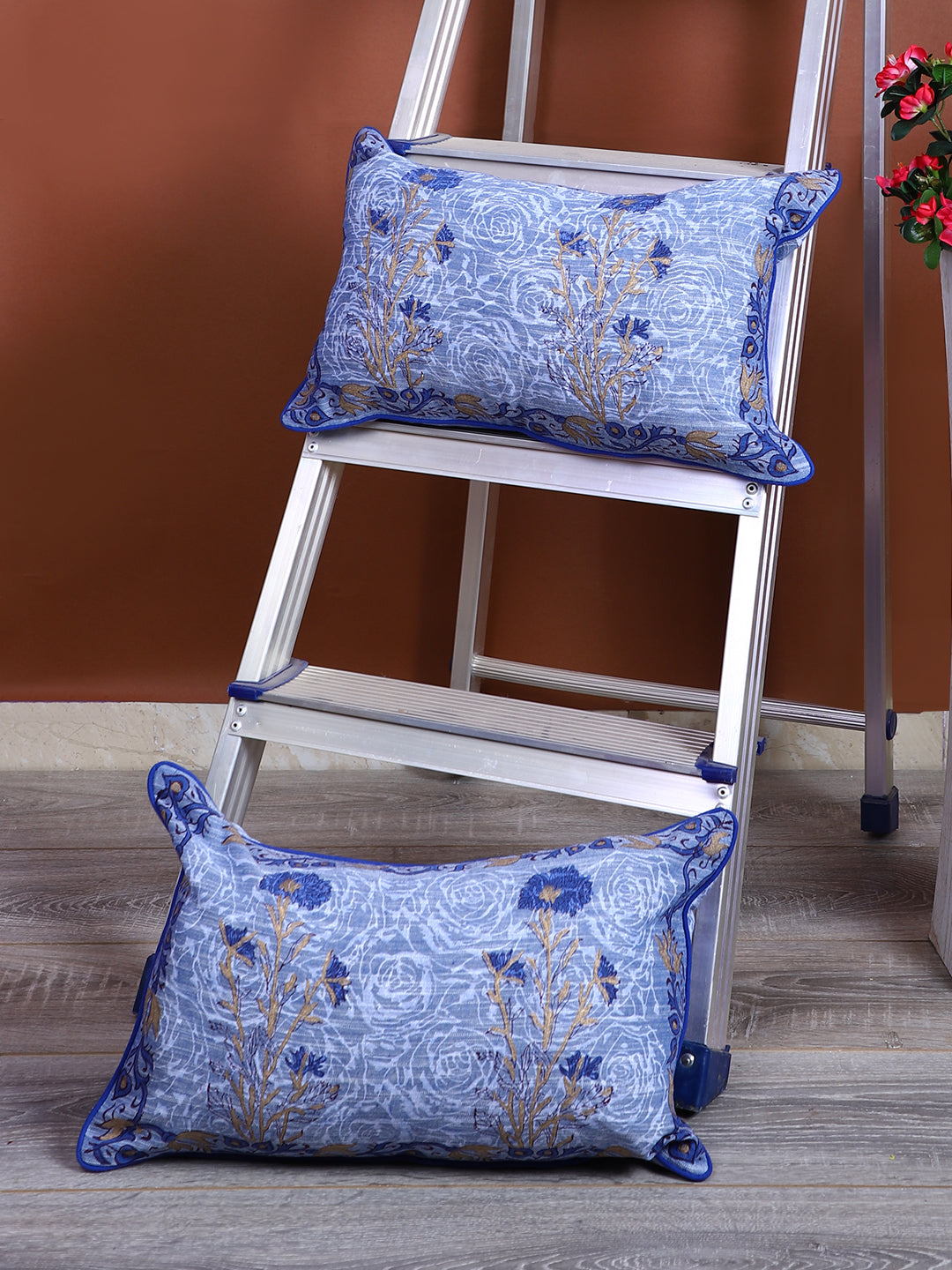 Rajasthan Décor Hand Block Floral Sky Blue Cotton Cushion Cover set of 2 (12x18 inches)