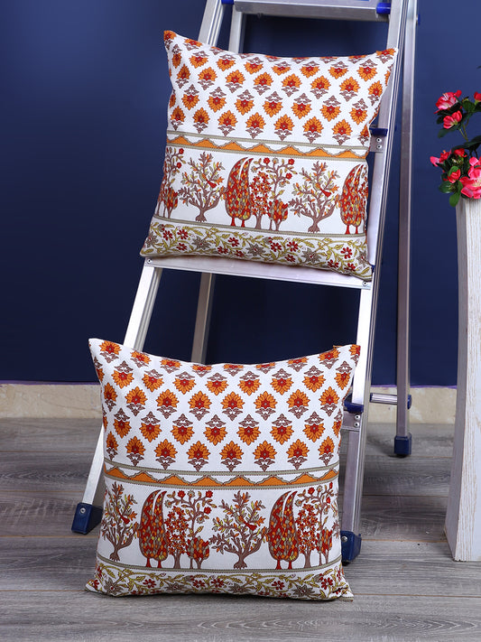 Rajasthan Décor Hand Block Floral White and Orange Cotton Cushion Cover set of 2 (16x16 inches)
