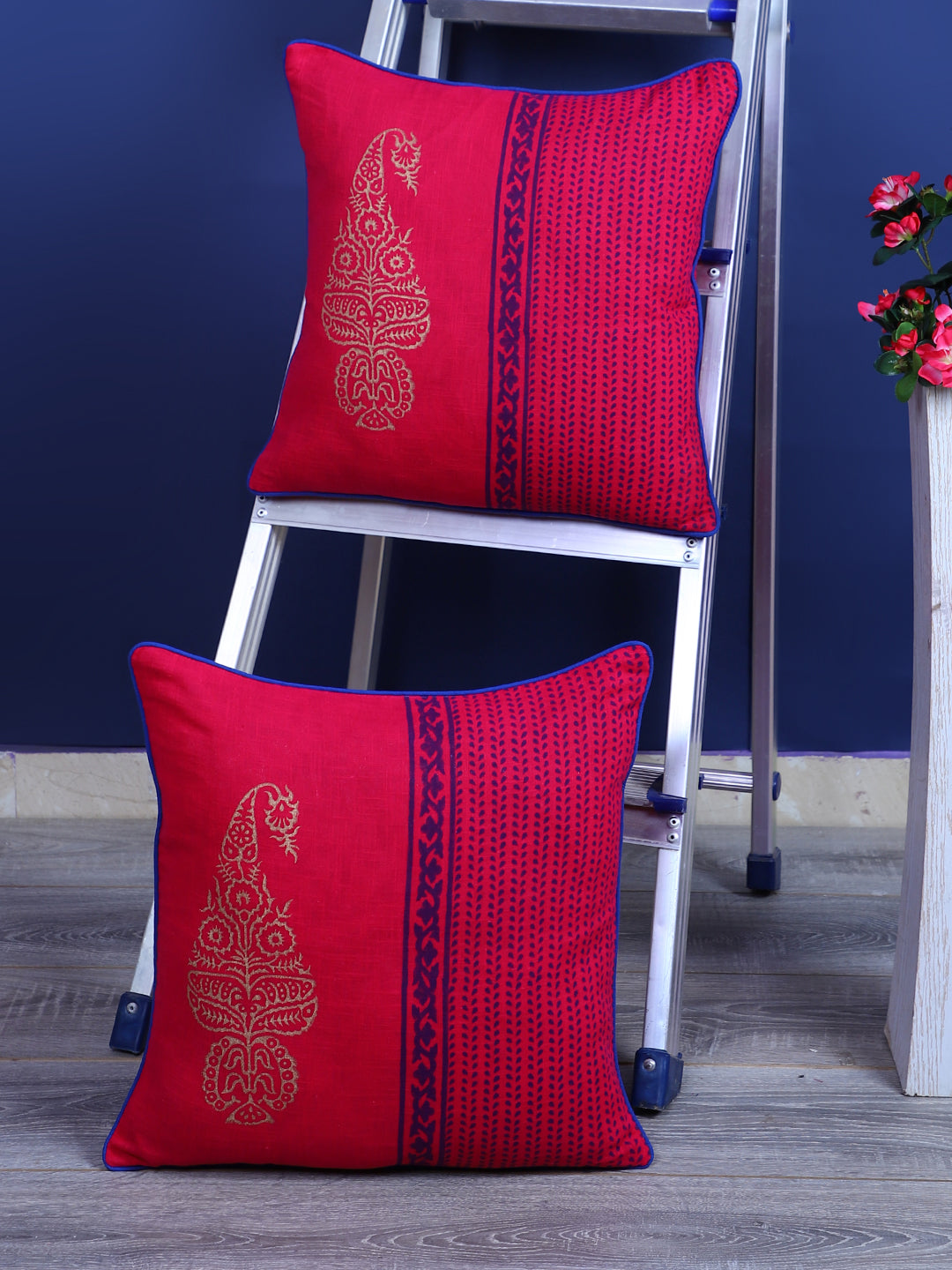 Rajasthan Décor Hand Block Floral Maroon Cotton Cushion Cover set of 2 (16x16 inches)