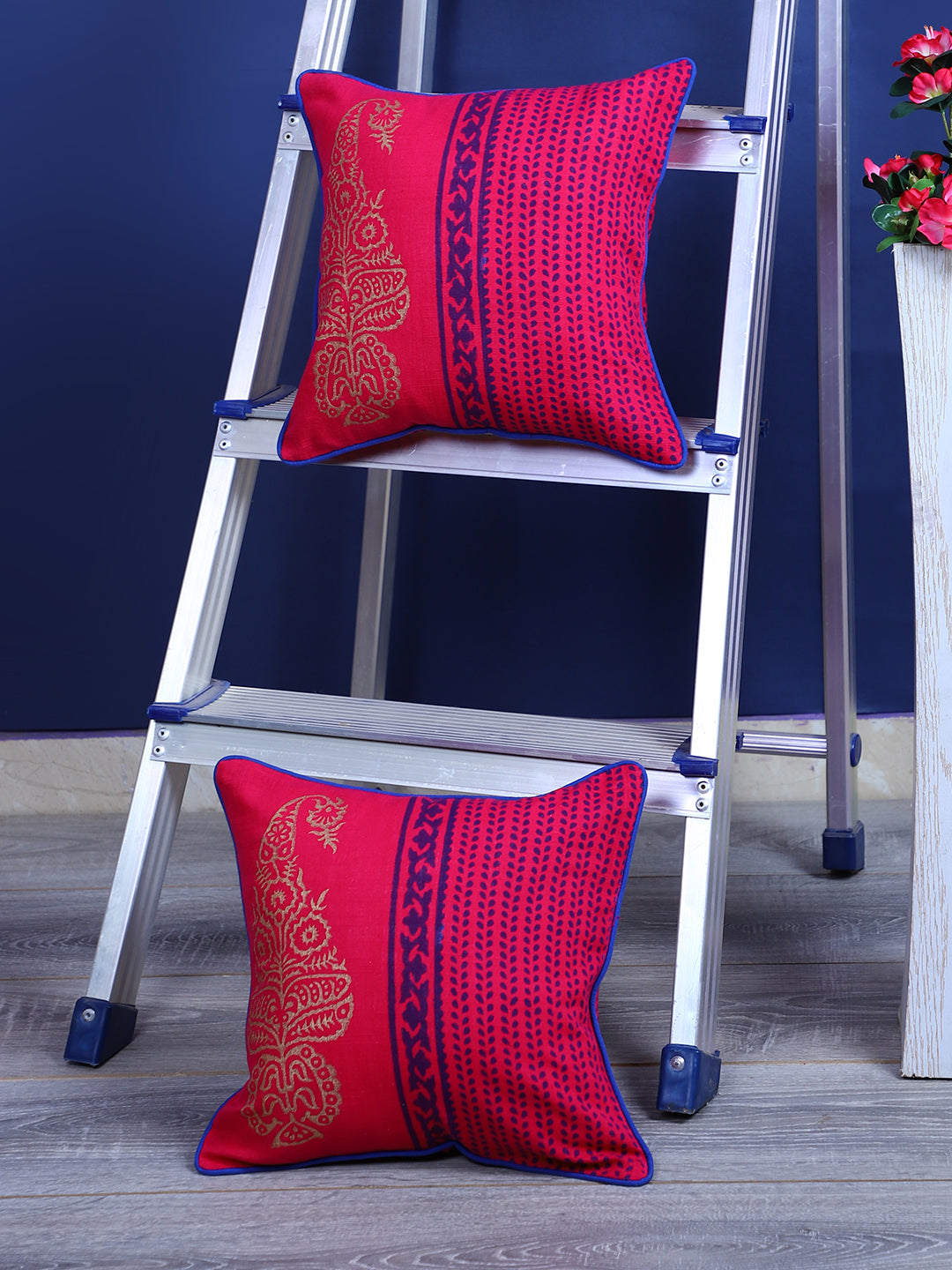 Rajasthan Décor Hand Block Floral Maroon Cotton Cushion Cover set of 2 (12x12 inches)