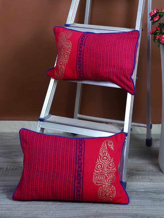 Rajasthan Décor Hand Block Floral Maroon Cotton Cushion Cover set of 2 (12x18 inches)