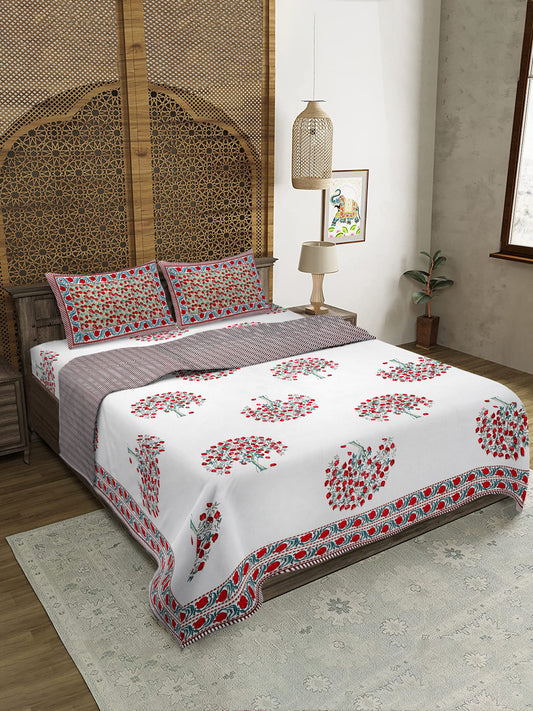Rajasthan Decor White and Red Floral Print Reversible Jaipuri Double Bed Dohar