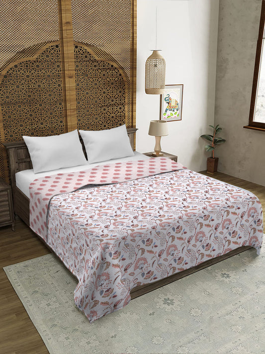 White and Pink Floral Printed 120 GSM Revesible Cotton Double Bed AC Dohar