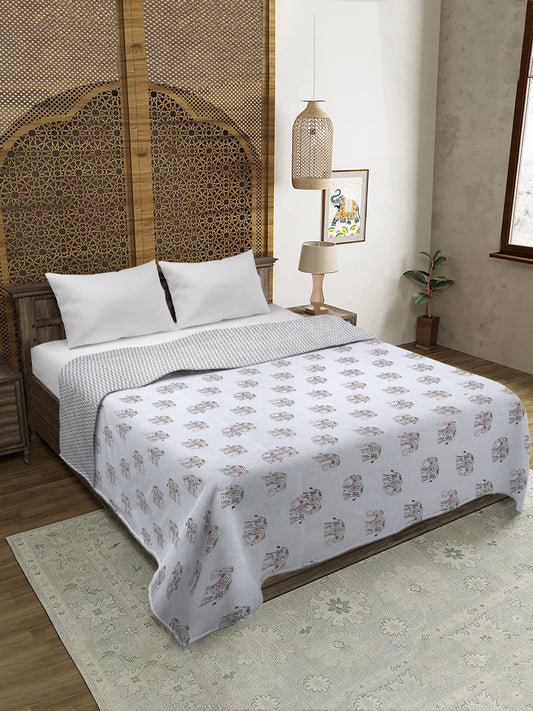 White Animal Printed 120 GSM Revesible Cotton Double Bed AC Dohar
