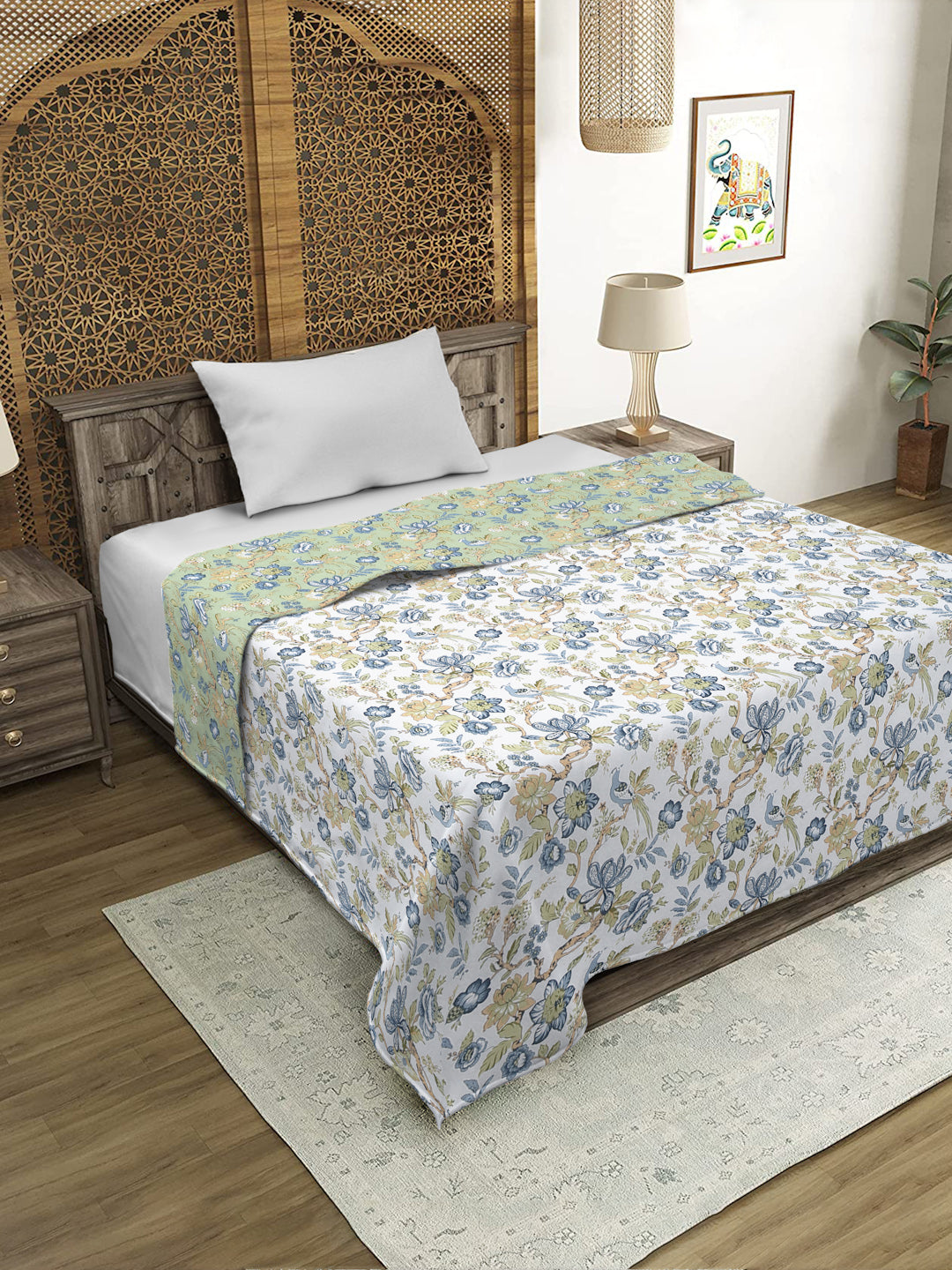 Green Floral Printed 120 GSM Revesible Cotton Single Bed AC Dohar