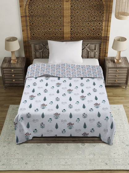 White Floral Printed 120 GSM Revesible Cotton Single Bed AC Dohar