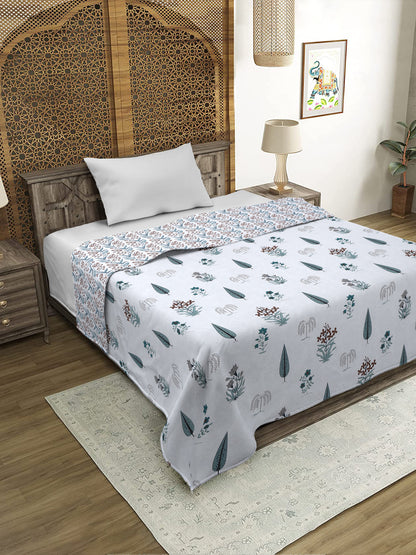 White Floral Printed 120 GSM Revesible Cotton Single Bed AC Dohar