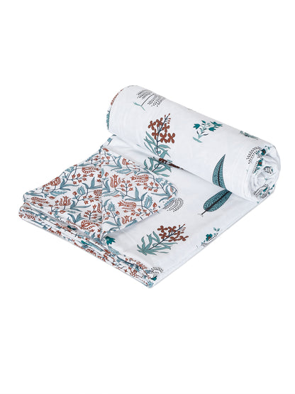 White Floral Printed 120 GSM Revesible Cotton Single Bed AC Dohar