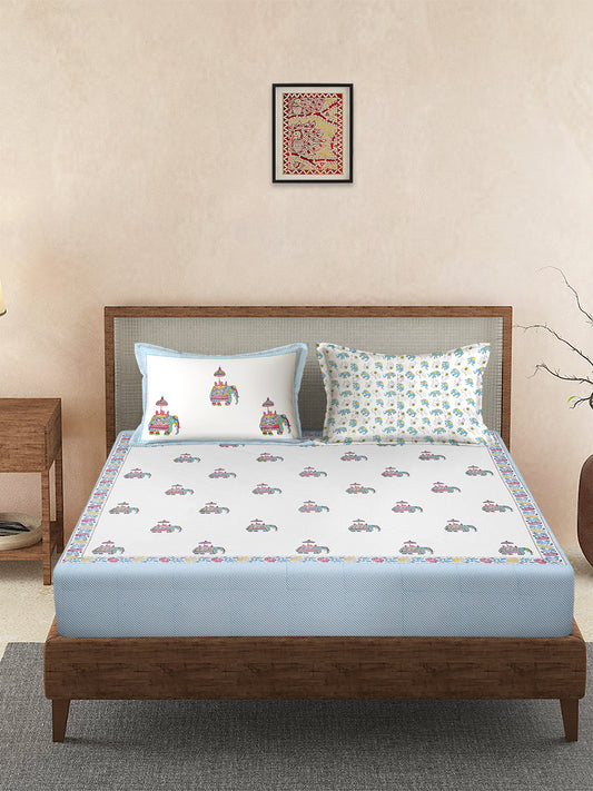 Rajasthan Decor 240 TC Percale Cotton Hand Block Cotton King Bedsheet with 2 Pillow Covers