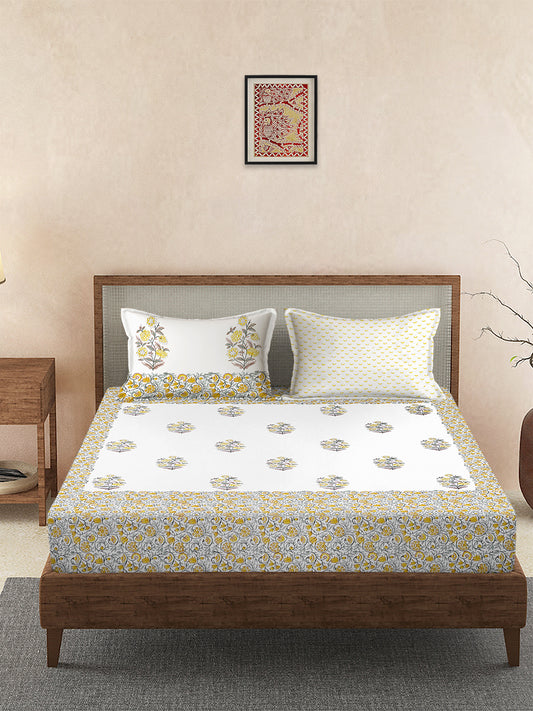 240 TC Percale Cotton Hand Block Cotton King Bedsheet with 2 Pillow Covers