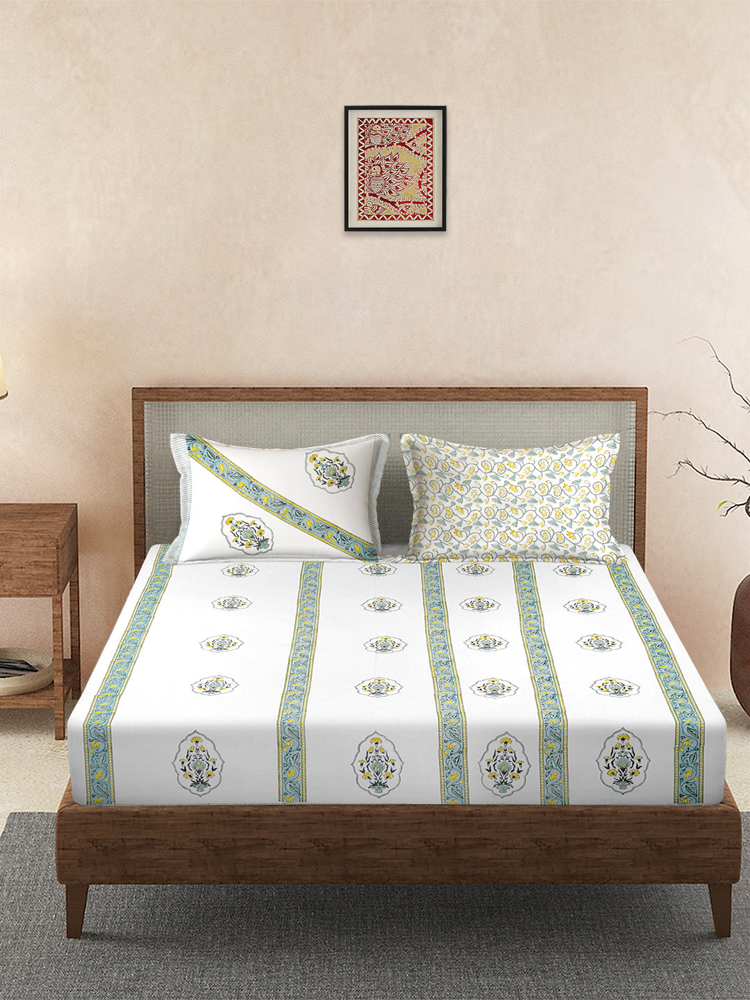 240 TC Percale White Cotton Hand Block King Bedsheet with 2 Pillow Covers