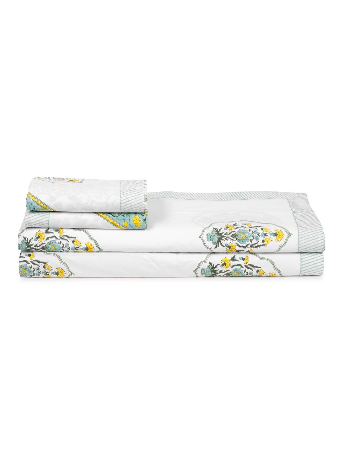 240 TC Percale White Cotton Hand Block King Bedsheet with 2 Pillow Covers