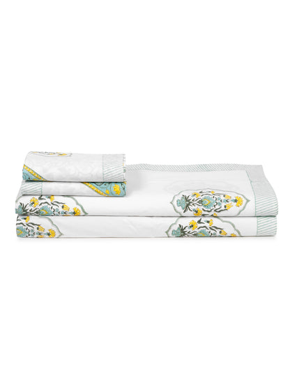 240 TC Percale White Cotton Hand Block King Bedsheet with 2 Pillow Covers