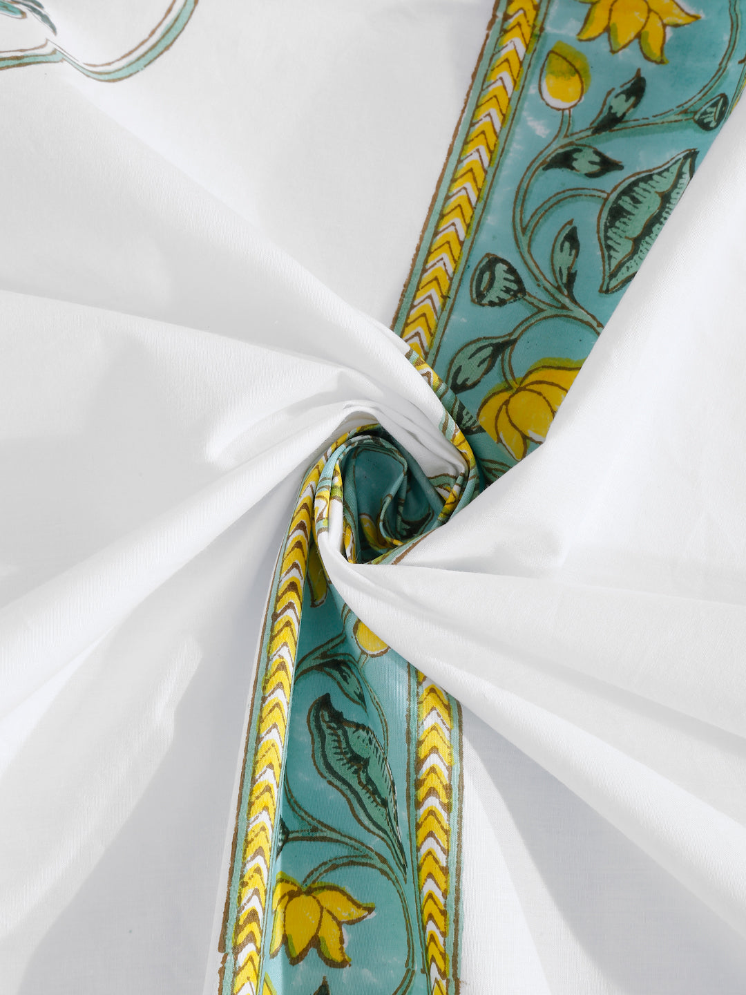 240 TC Percale White Cotton Hand Block King Bedsheet with 2 Pillow Covers