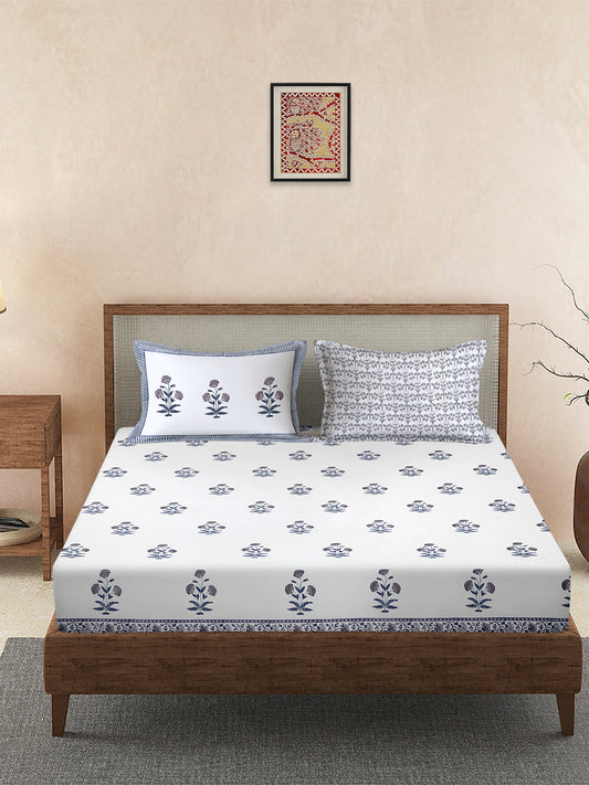 Rajasthan Decor 240 TC Percale Cotton Hand Block Cotton King Bedsheet with 2 Pillow Covers