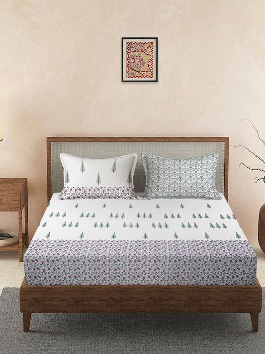 Rajasthan Decor 240 TC Percale Cotton Hand Block Cotton King Bedsheet with 2 Pillow Covers