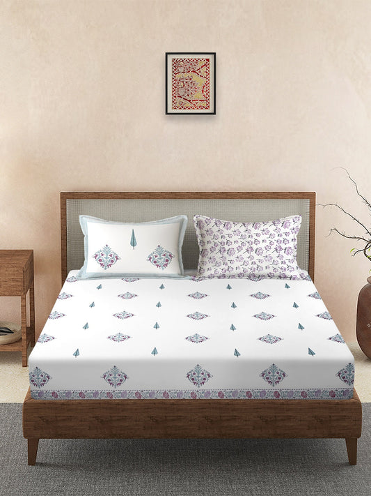 Rajasthan Decor 240 TC Percale Cotton Hand Block Cotton King Bedsheet with 2 Pillow Covers