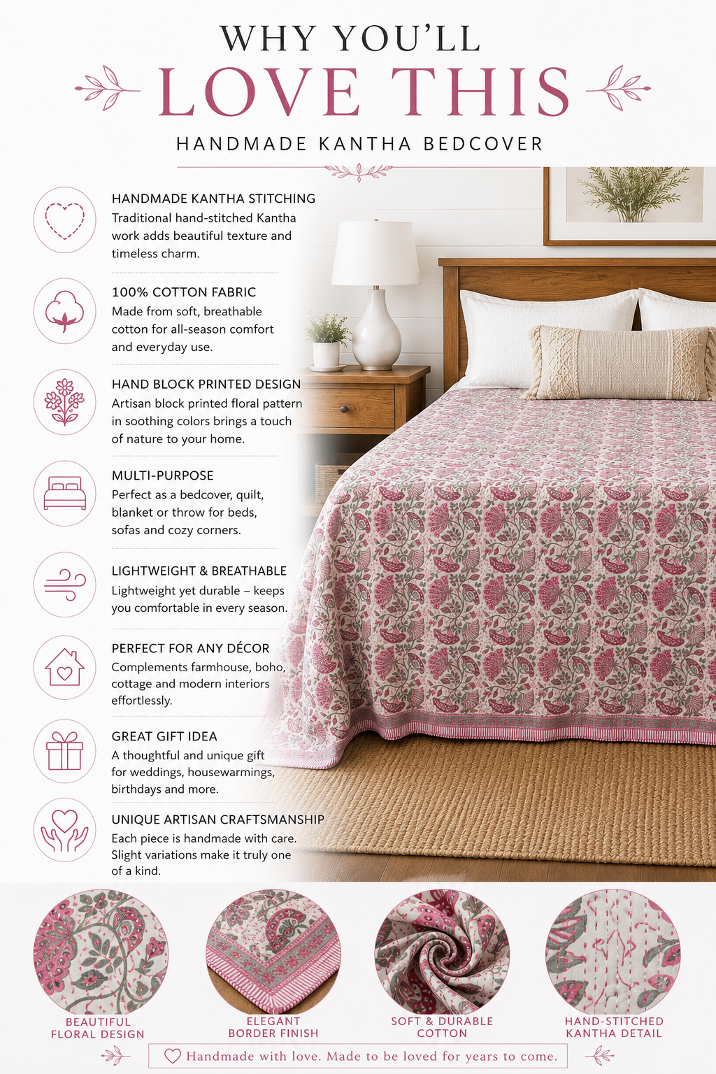 Rosabelle Heritage Hand Block Kantha Bedcover