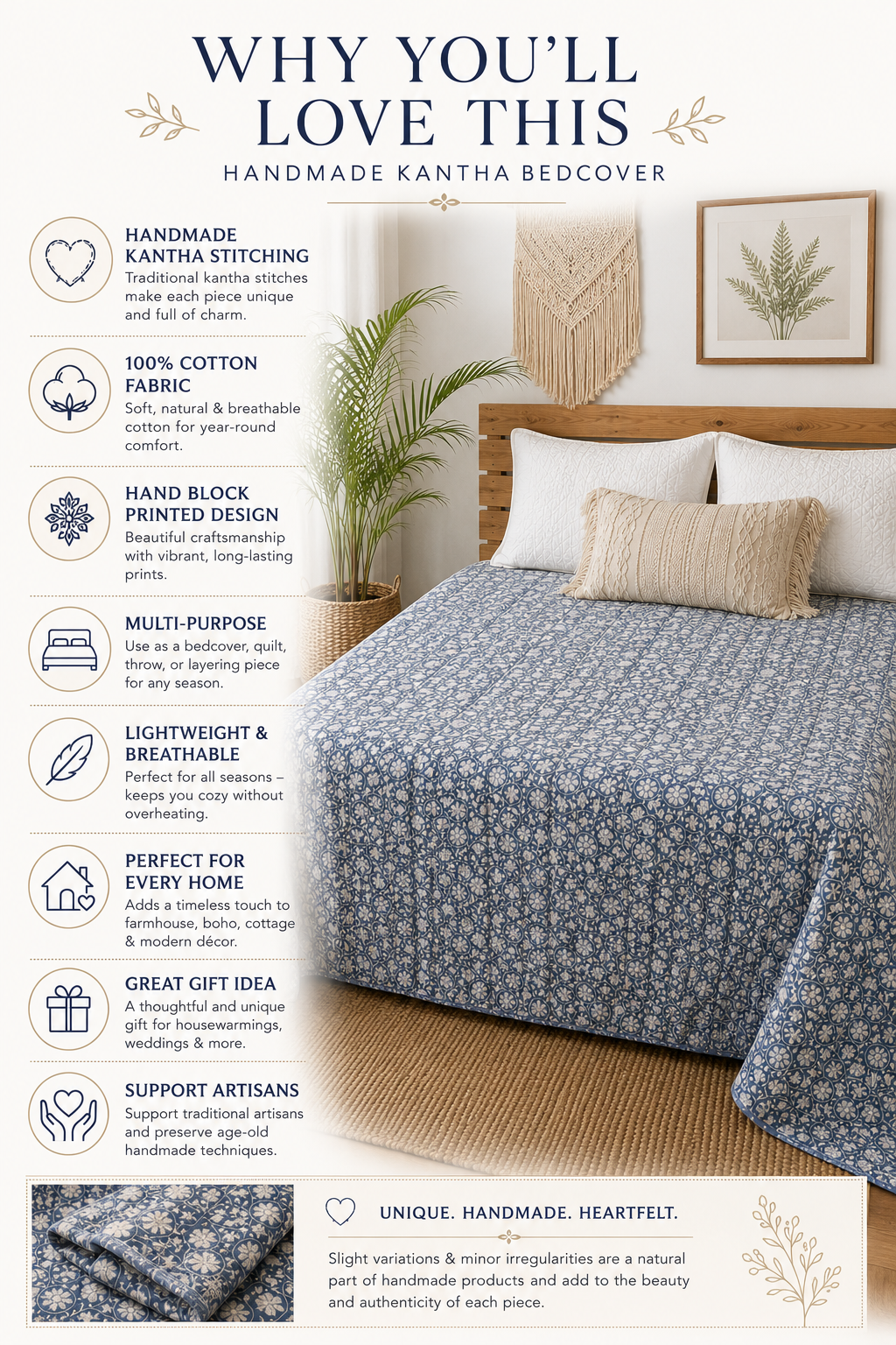 Asteria Heritage Hand Block Kantha Bedcover